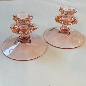 Vintage Fostoria Fairfax Rose(Pink) Depression Glass Candle Stick Holders, 1930s